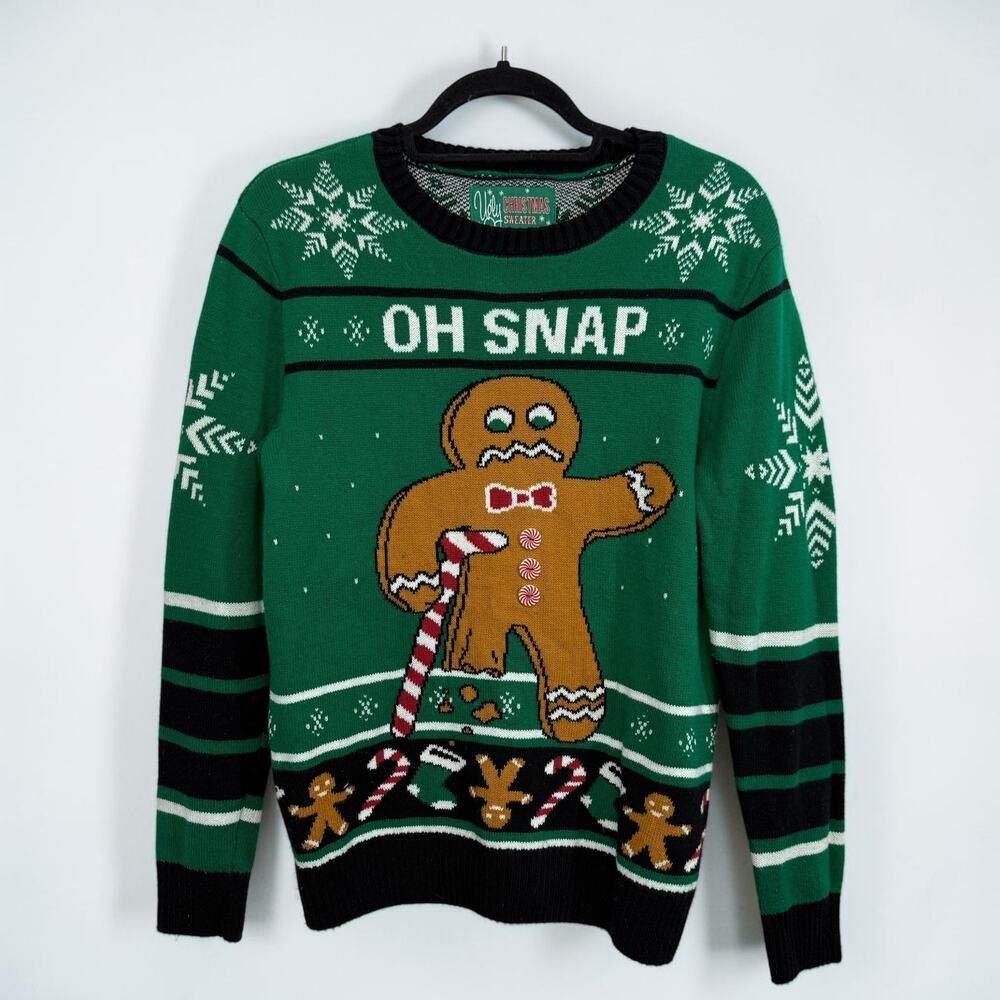 Funny ugly Christmas sweater holiday party gingerbread cookie bite me medium